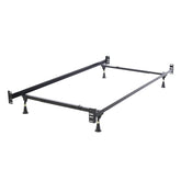 A metal bed frame featuring two sturdy legs, designed for support and stability in a bedroom setting.